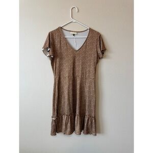 Alredine Mini Dress Women's Brown White V-Neck Flutter Sleeve Ruffle Size Medium
